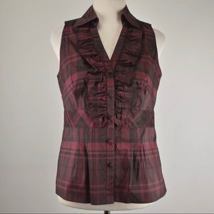 Ann Taylor Plaid Ruffle Blouse Peplum Silk Taffeta